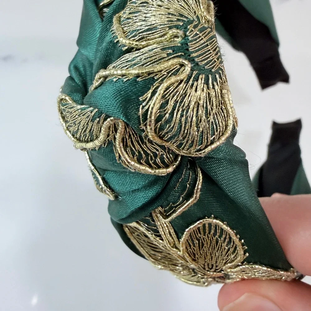 Emerald Green Satin Top Knot Headband Gold Floral Metallic‎ Embroidery Wide Hair